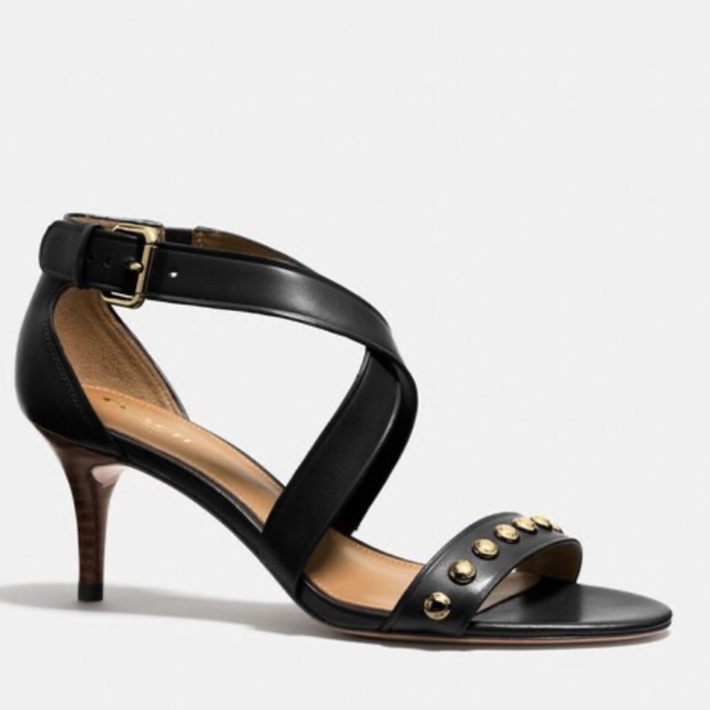 Coach Madison Leather Strappy Heels Black Gold Size 8 MSRP $400